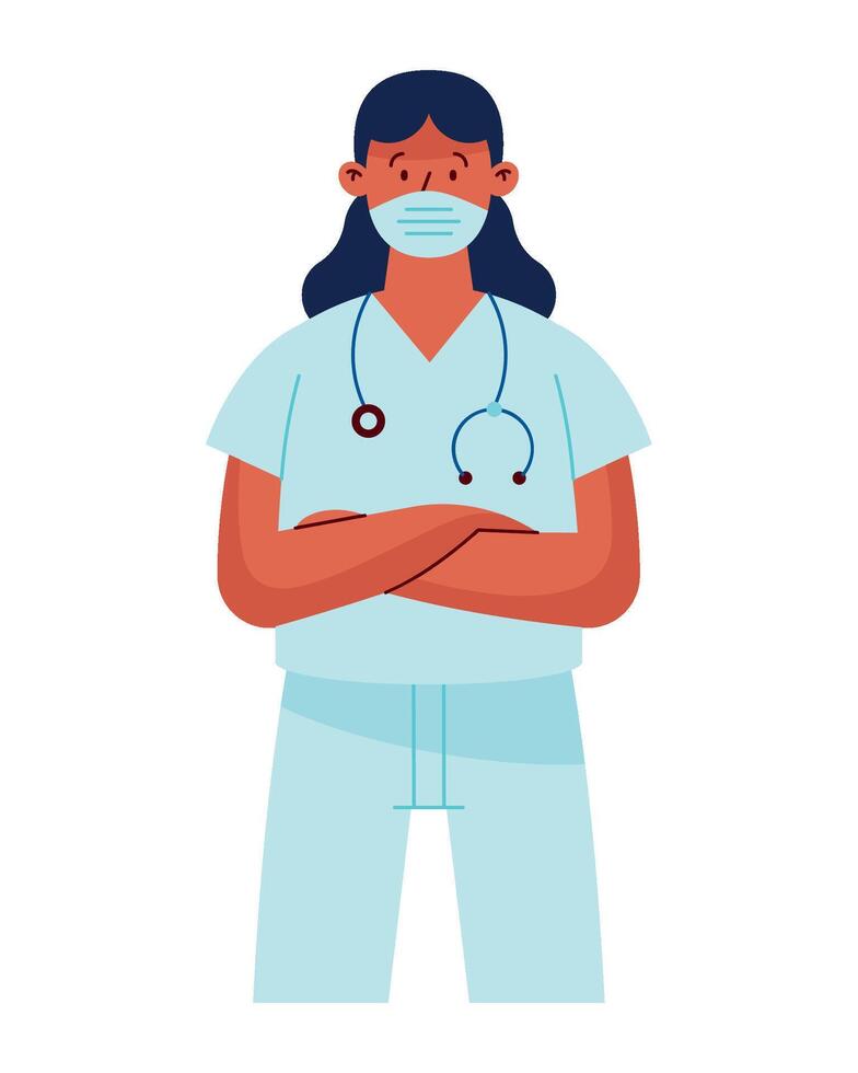 A woman in scrubs with a mask on her face vector