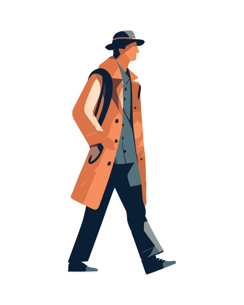 Man in trench coat walking illustration vector