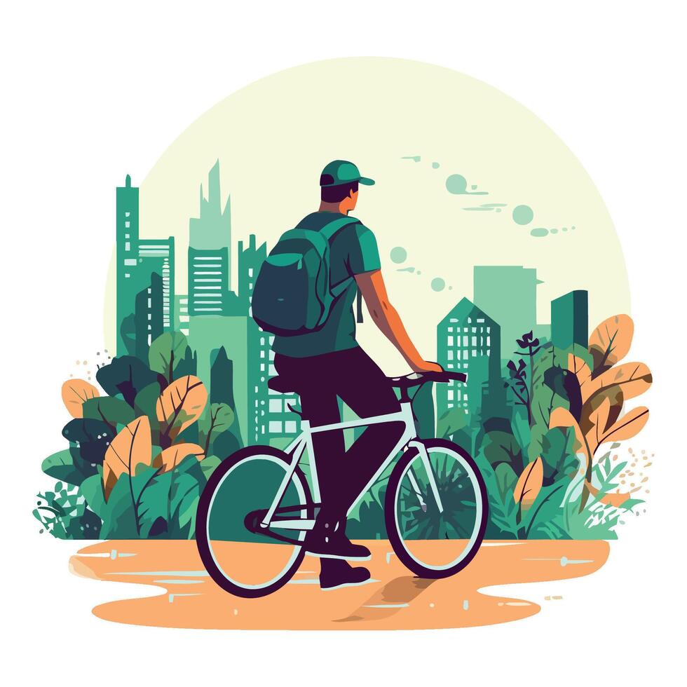 Man on bike with backpack and cityscape background vector