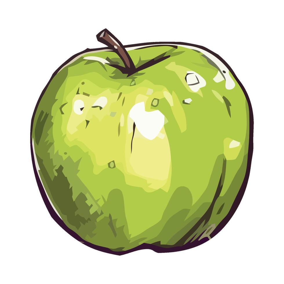 A green apple is shown in a cartoon style vector