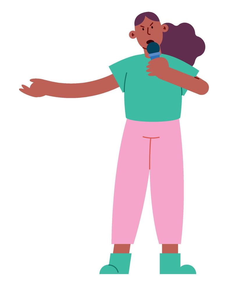 A cartoon woman with a microphone in her hand vector
