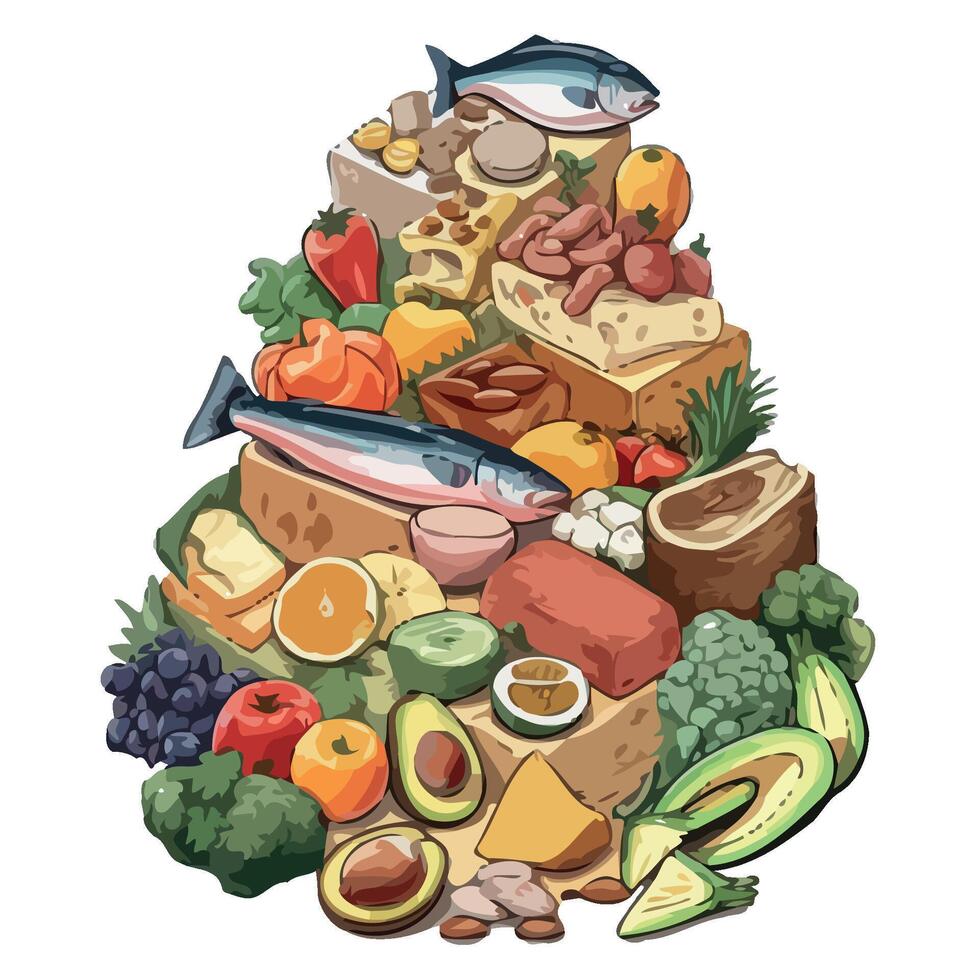 A pyramid of food with various types of food vector