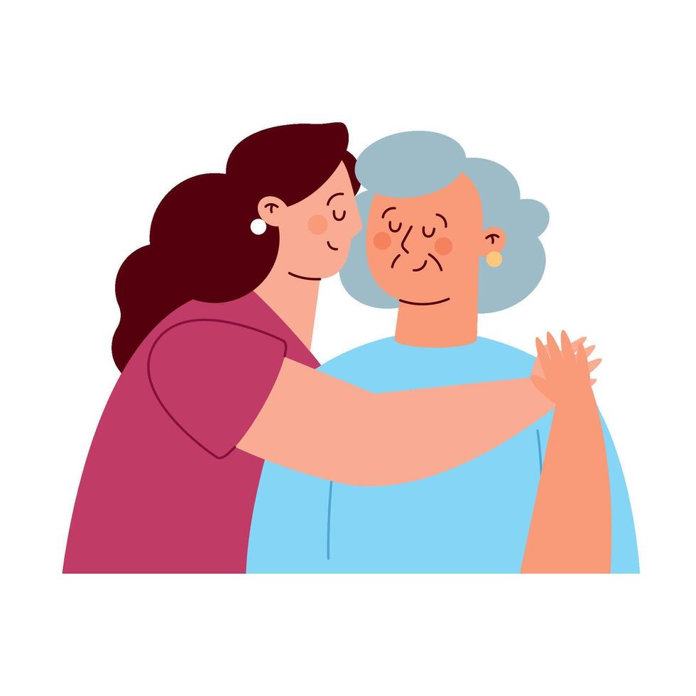 An elderly woman hugging her granddaughter vector