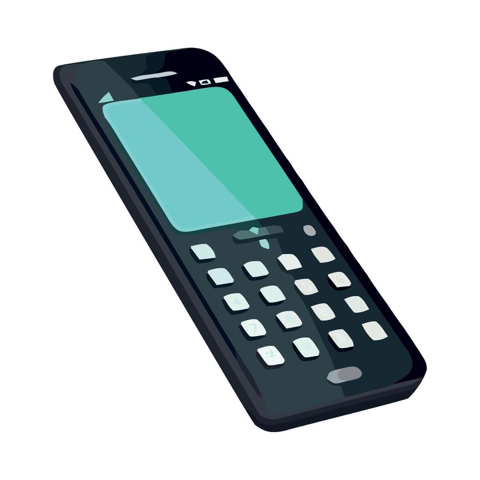 A black cell phone with a green screen on the screen vector