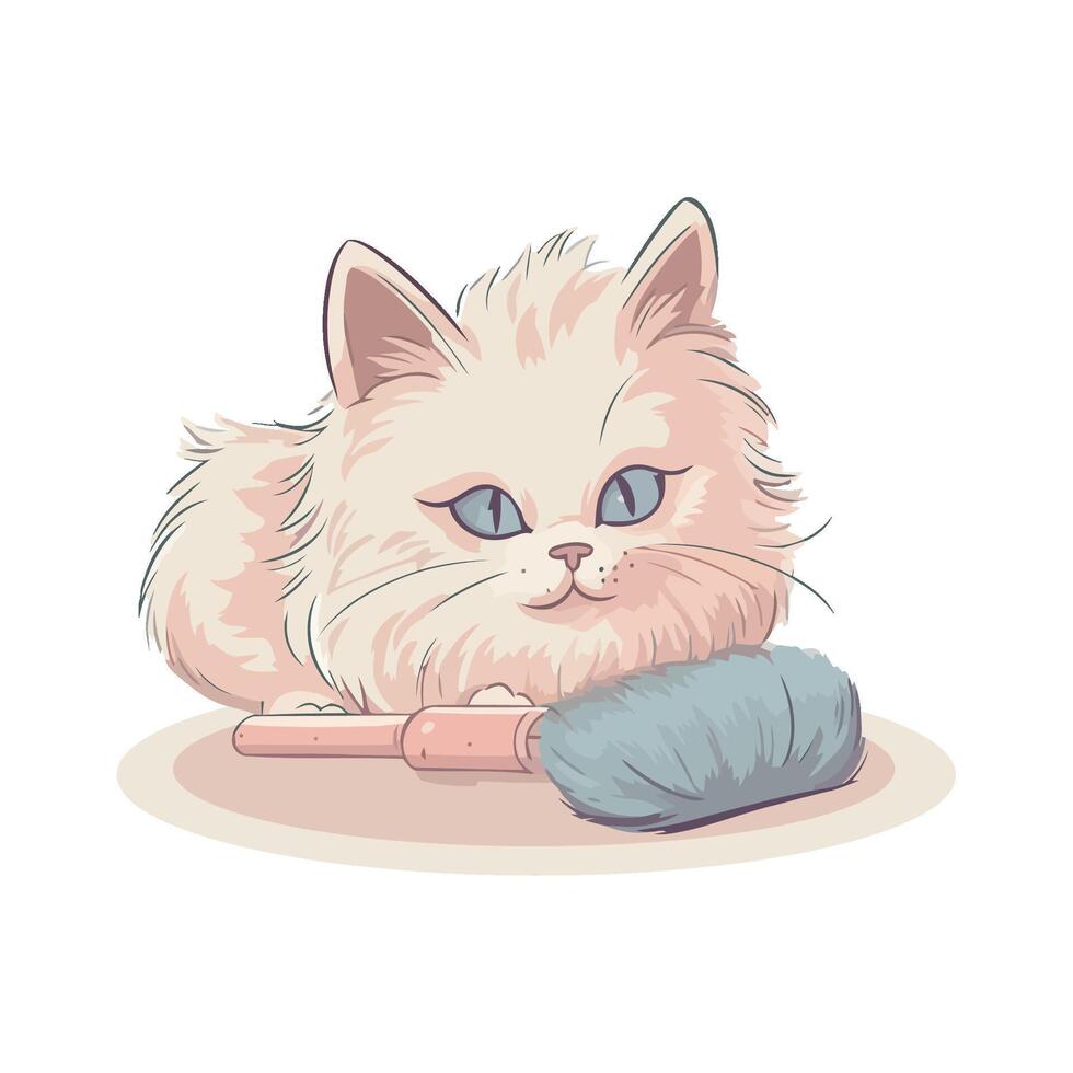 A white cat with blue eyes sitting next to a brush vector