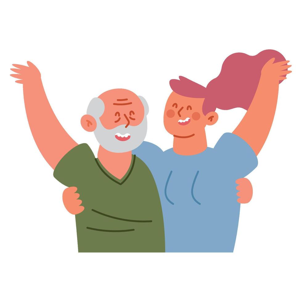 Happy elderly couple with arms raised, illustration vector