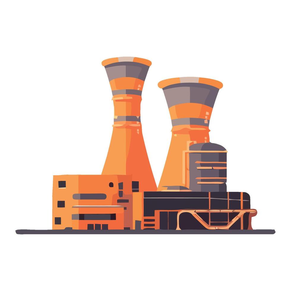 An orange and gray industrial plant with two cooling towers vector