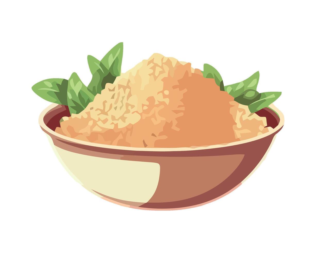 A bowl of rice with leaves on top vector