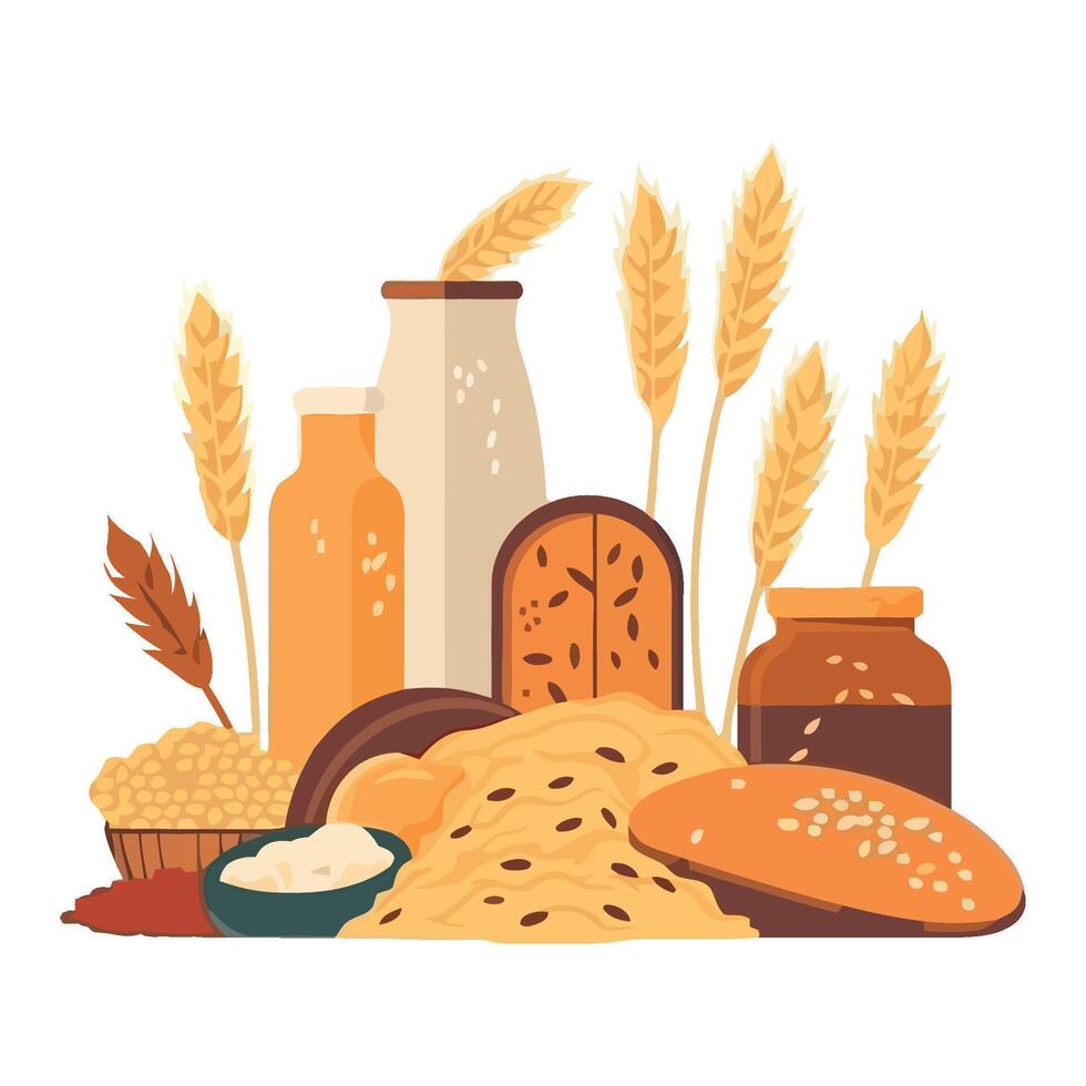 illustration of wheat, milk, and other food items vector