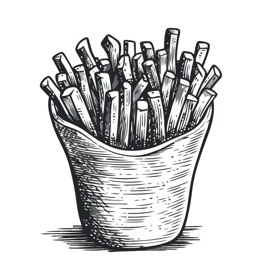 French fries in a bowl sketch illustration vector