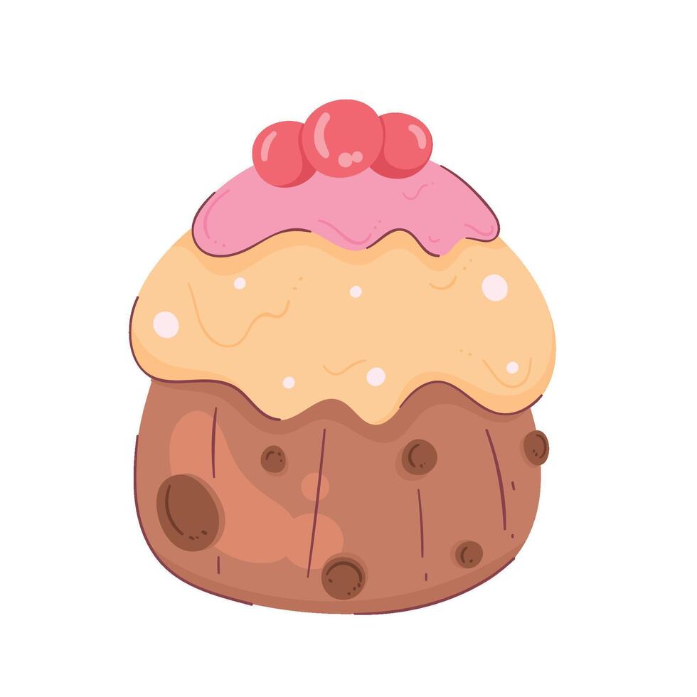A cartoon cake with pink icing and chocolate chips vector