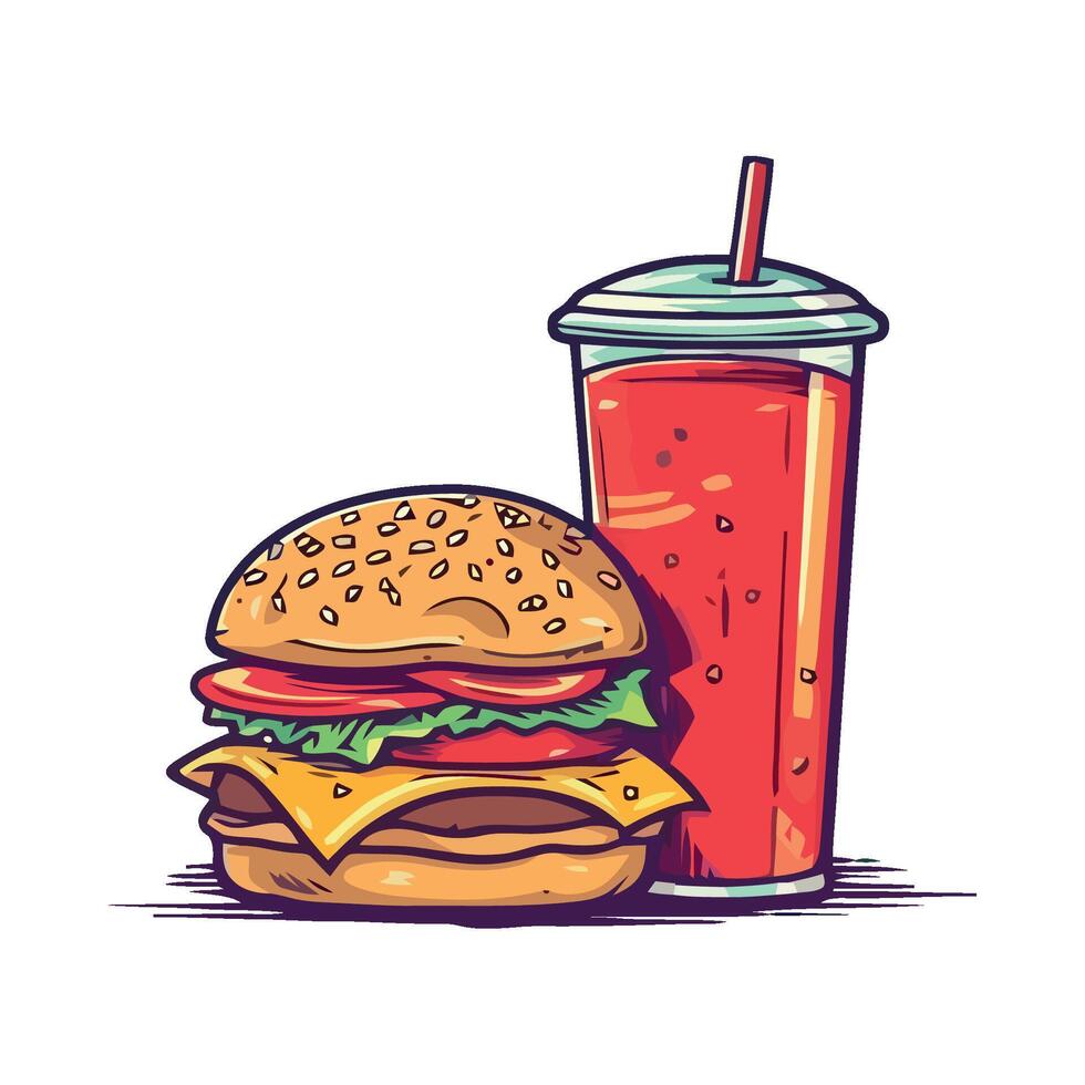 A hamburger and a drink with straw vector