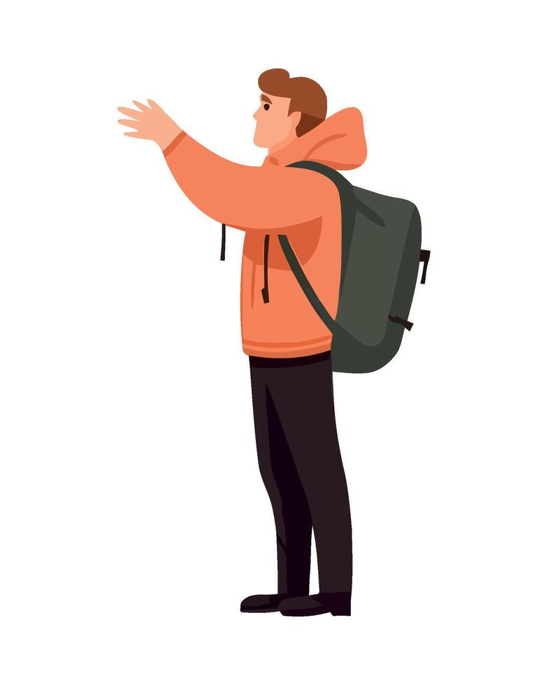 Man with backpack standing and pointing to something vector