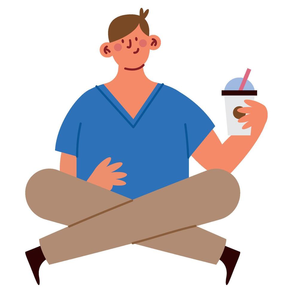 A man sitting in the middle of the floor holding a drink vector