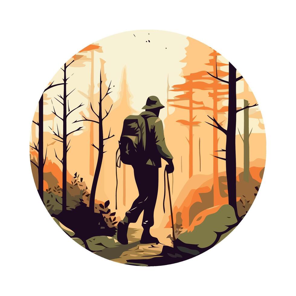 A man with a backpack walking through the woods vector