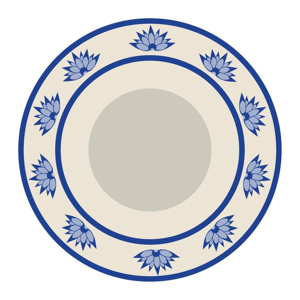 A blue and white plate with a lotus design vector