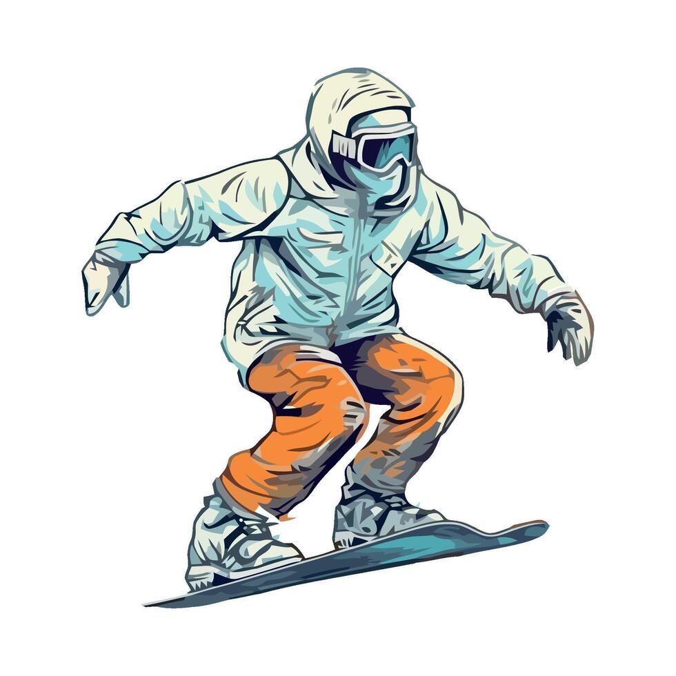 Snowboarder in white jacket and orange pants vector