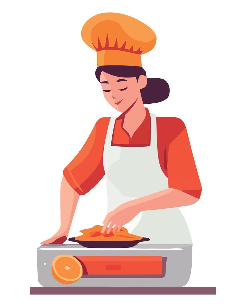 A woman in an apron is cooking food vector