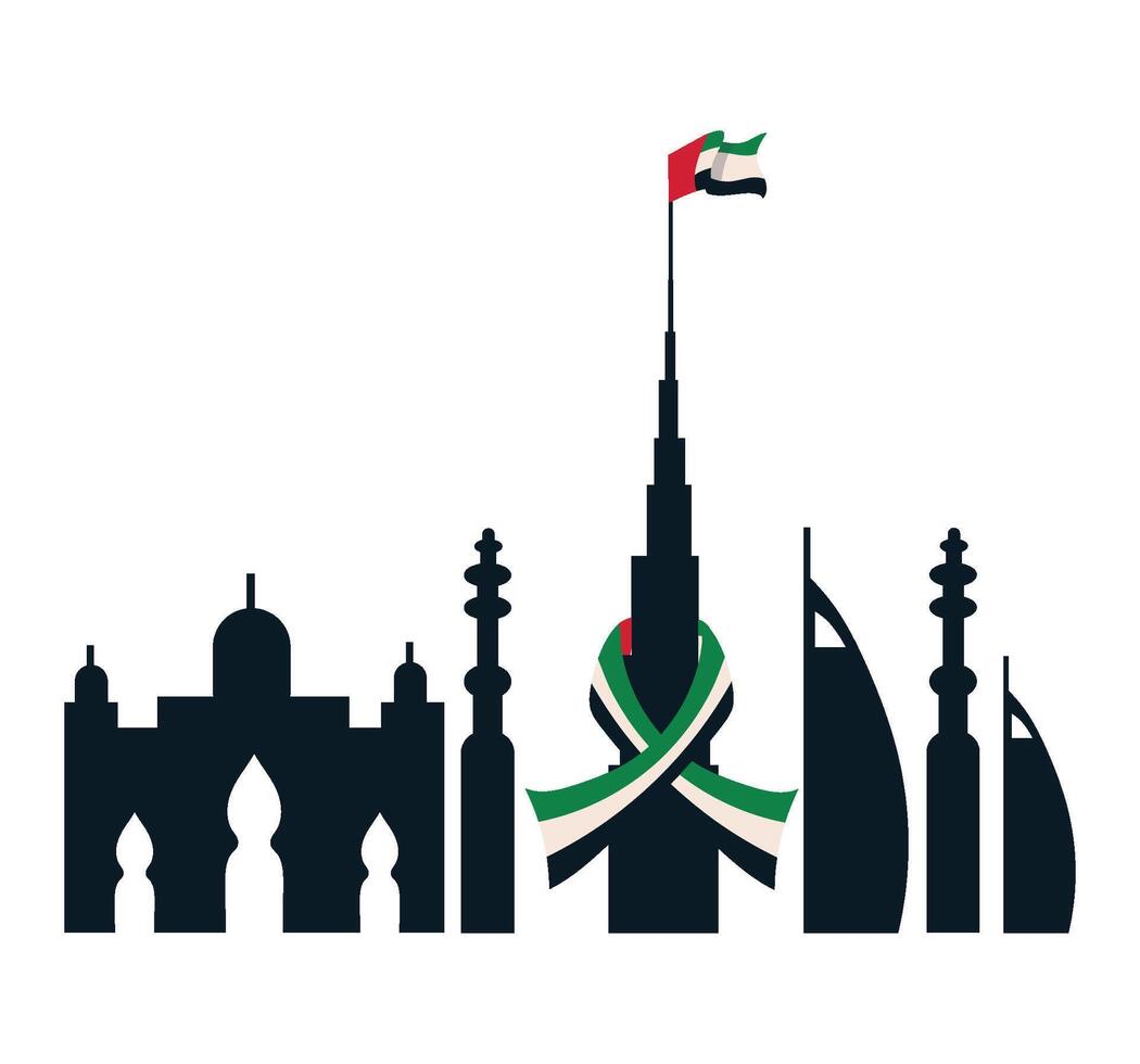 The uae flag is flying over the city skyline vector