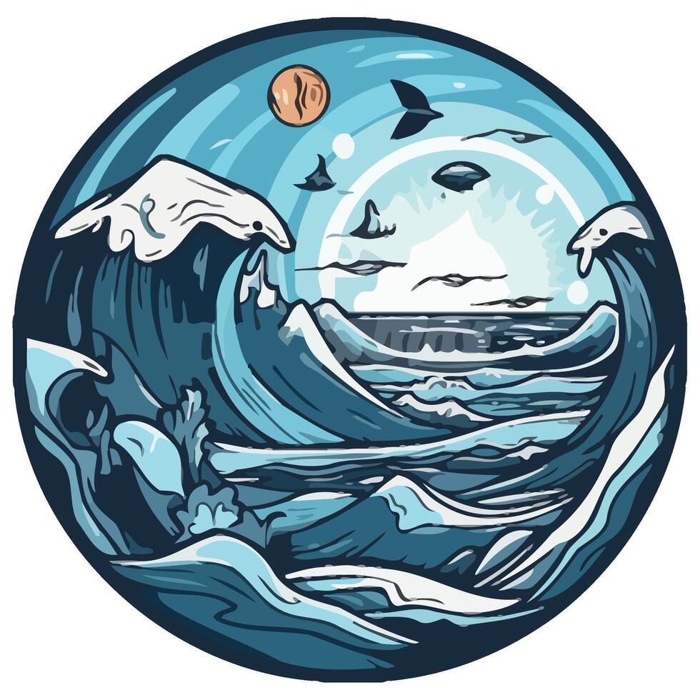 A circular illustration of the ocean with waves and birds vector