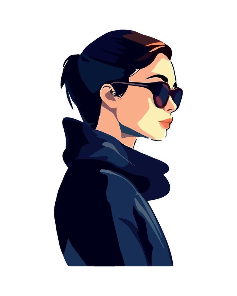 A woman in sunglasses and a black jacket vector