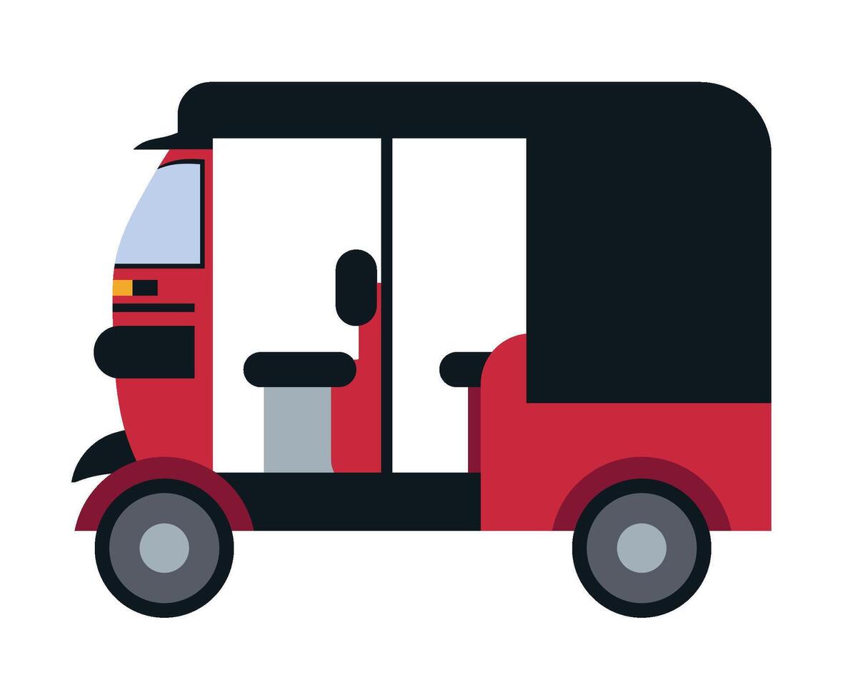 A red and black tuk tuk is shown on a white background vector