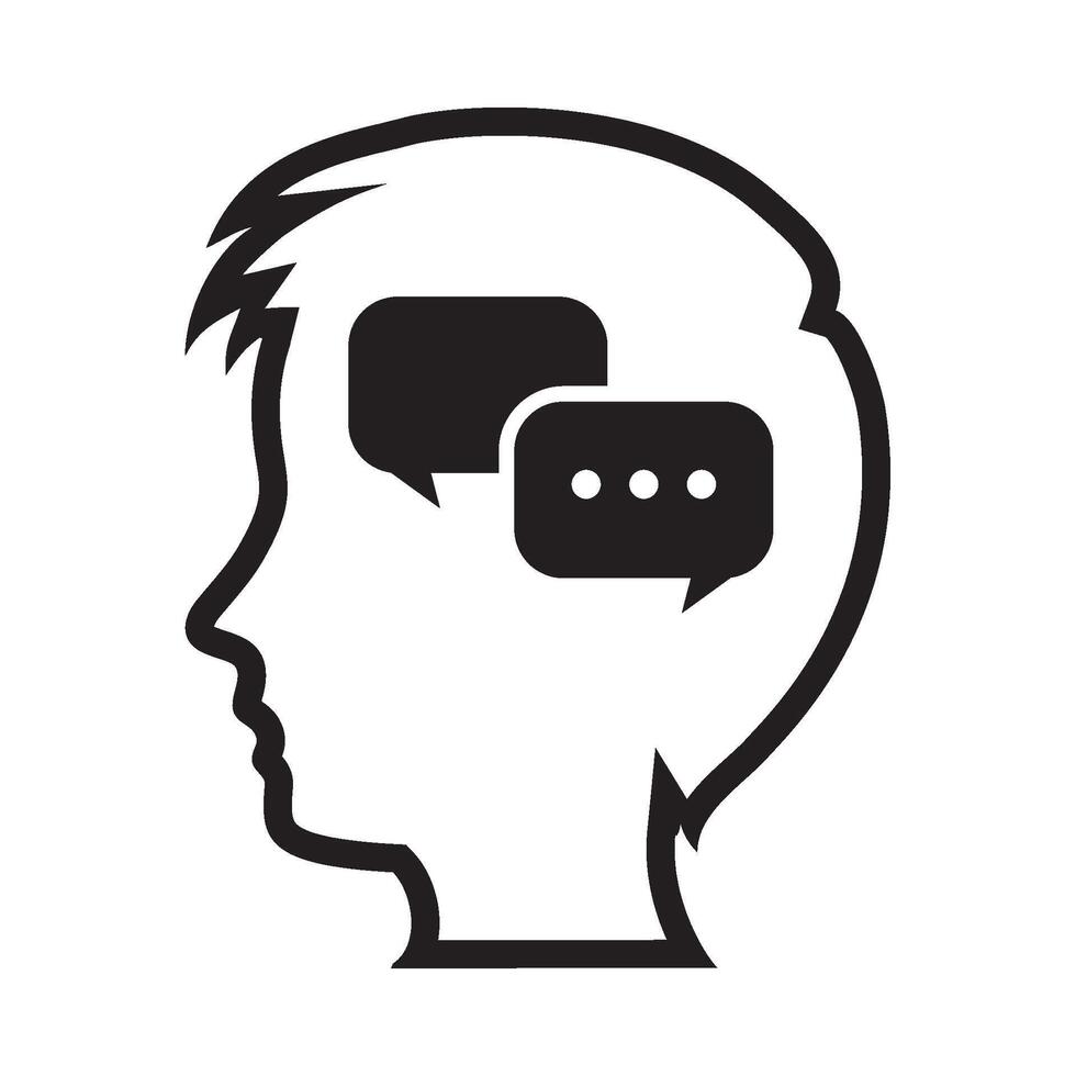 A black and white silhouette of a person's head with speech bubbles vector