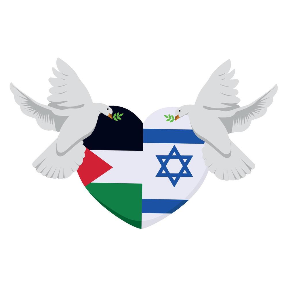 Israeli and palestine flag heart with two doves, israeli and palestine vector