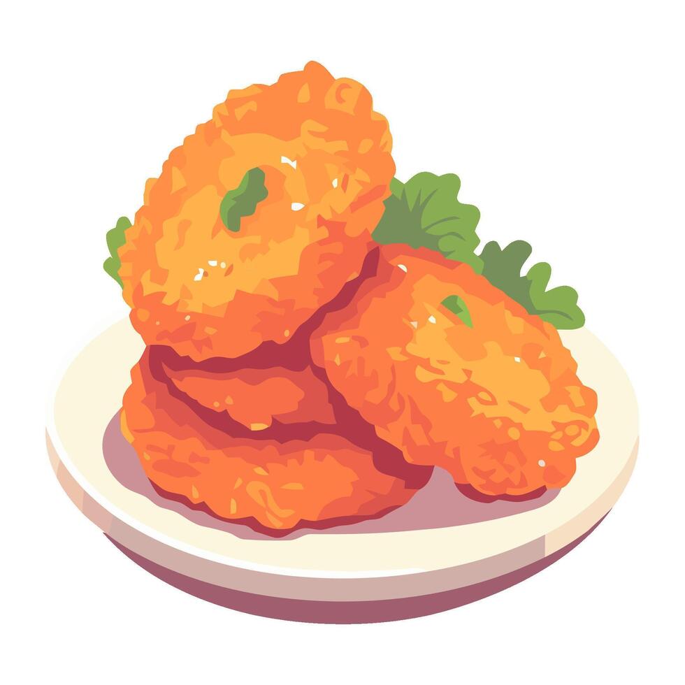 A plate of fried chicken cutlets on a white plate vector