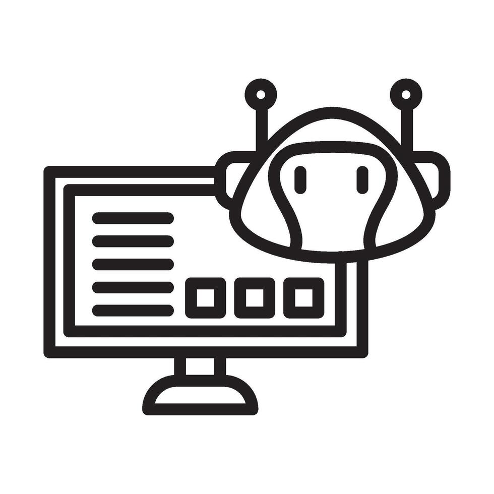 A robot is sitting in front of a computer monitor vector