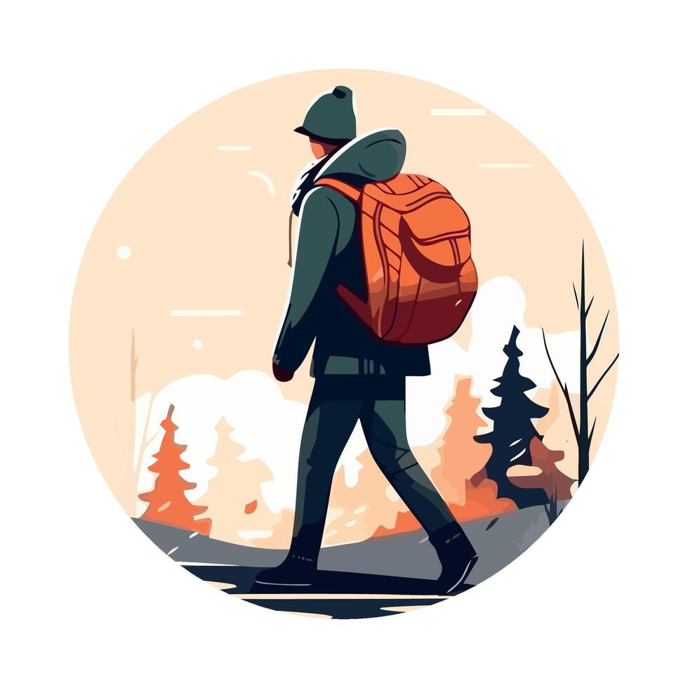A man with a backpack walking through the woods vector