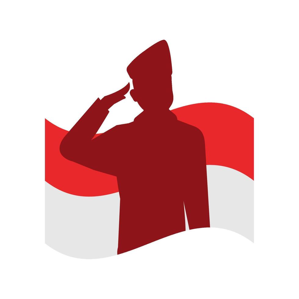 Indonesian flag saluting soldier silhouette illustration vector