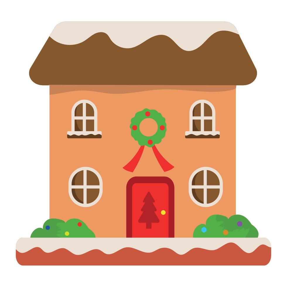 Christmas house with wreath and christmas tree vector