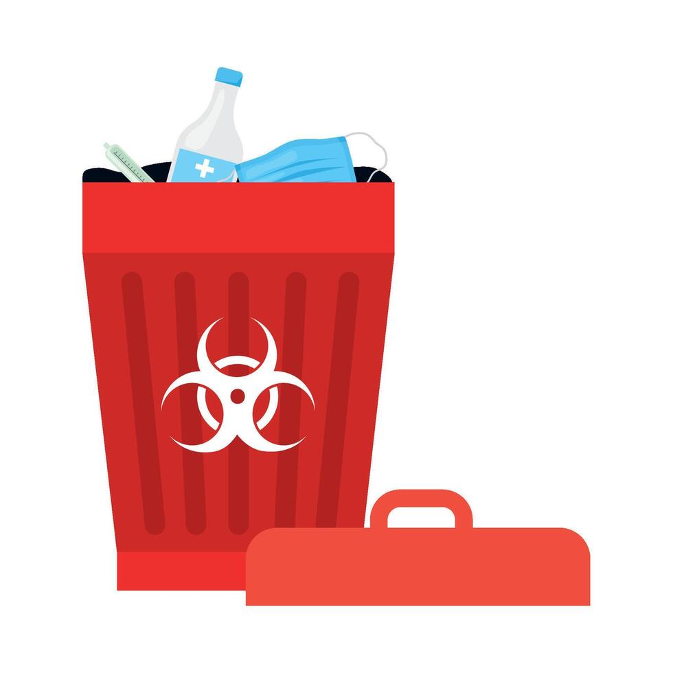 A red trash can with a biohazard symbol on it vector