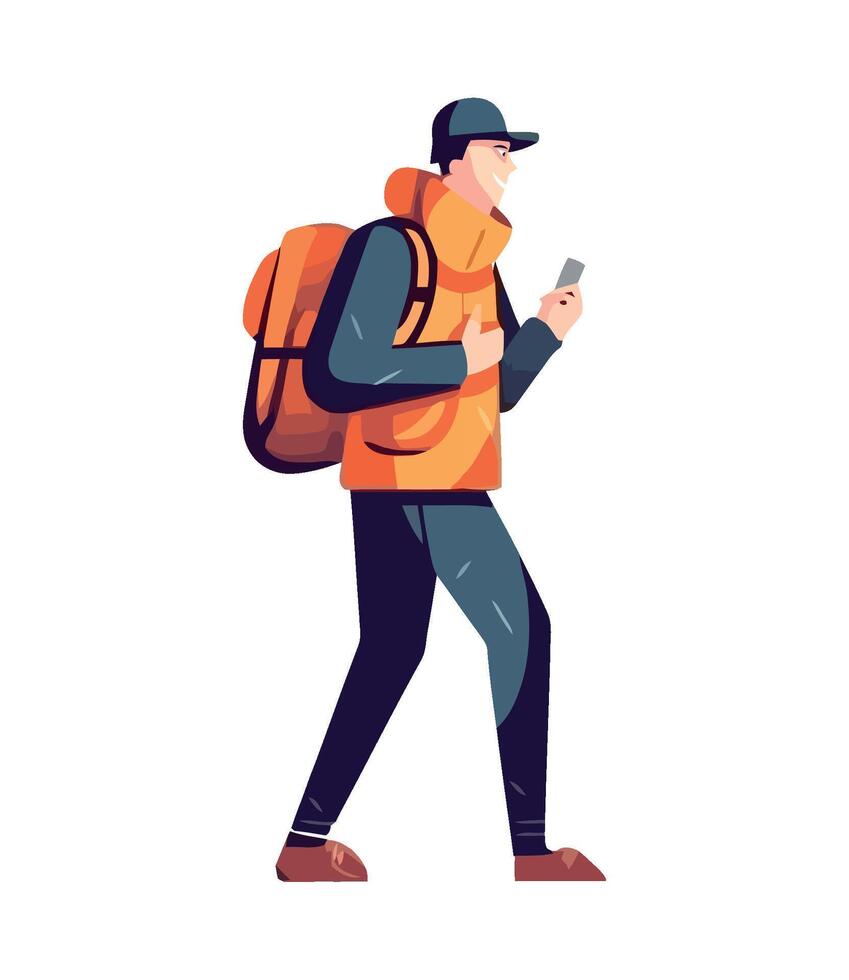 A man with a backpack and a phone vector