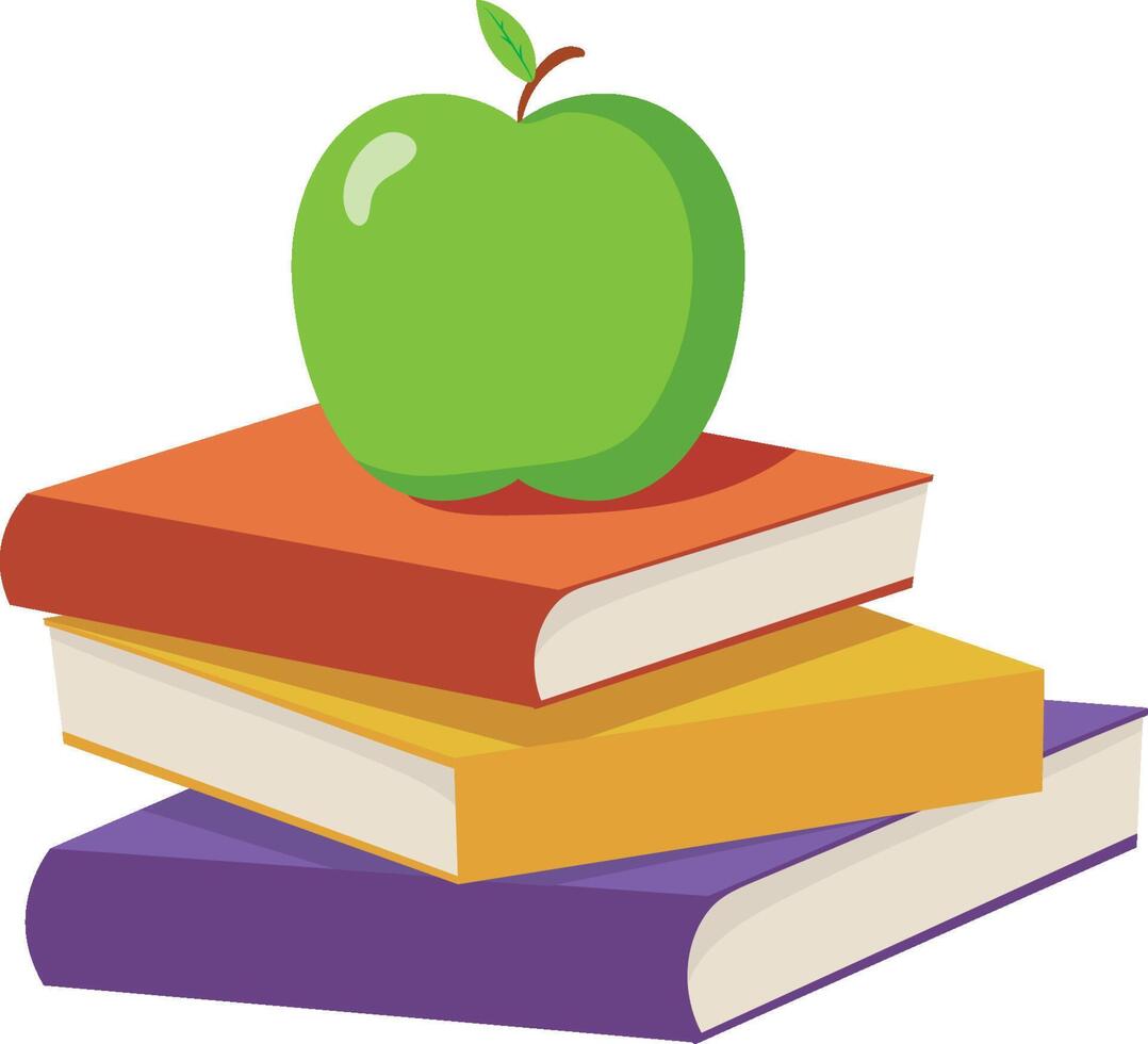 A green apple sits on top of a stack of books vector