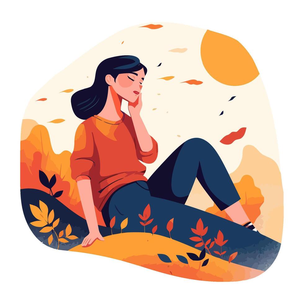 Autumn girl sitting on the grass with autumn leaves vector