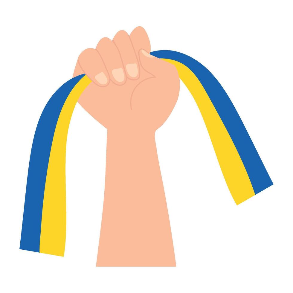 A hand holding a ribbon with the ukraine flag vector