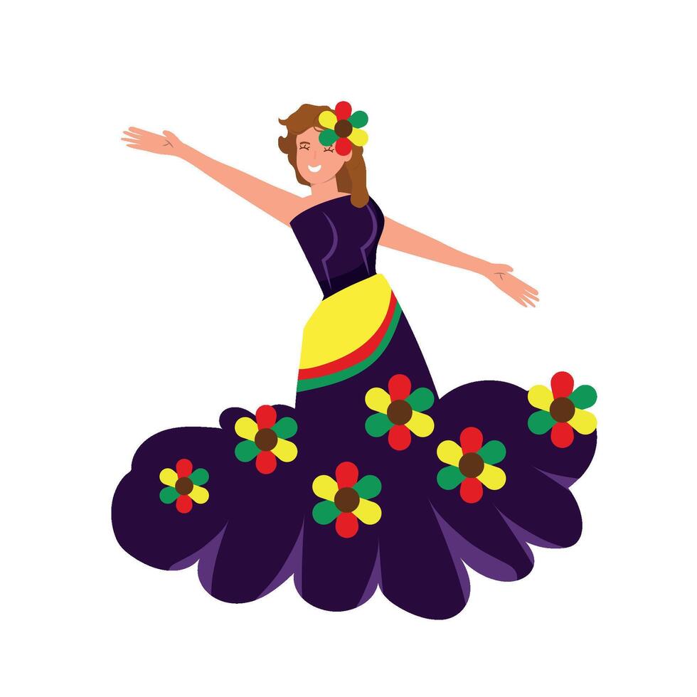 A woman in a colorful dress with flowers in her hair vector
