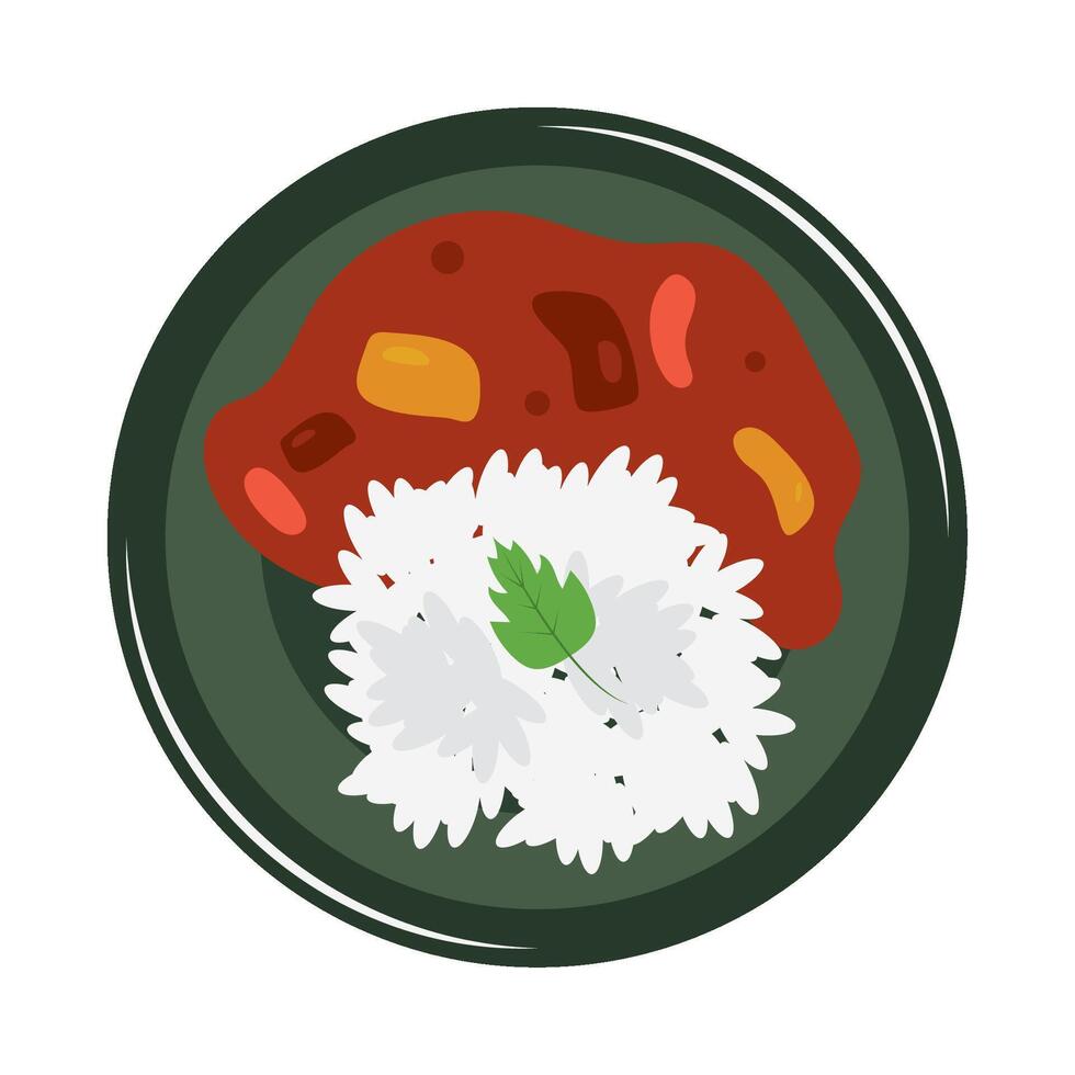 A plate with rice and meat on it vector