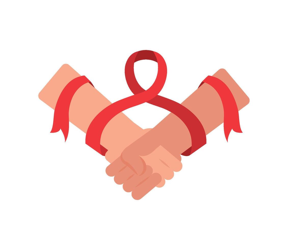 Two hands holding a red ribbon and a handshake vector