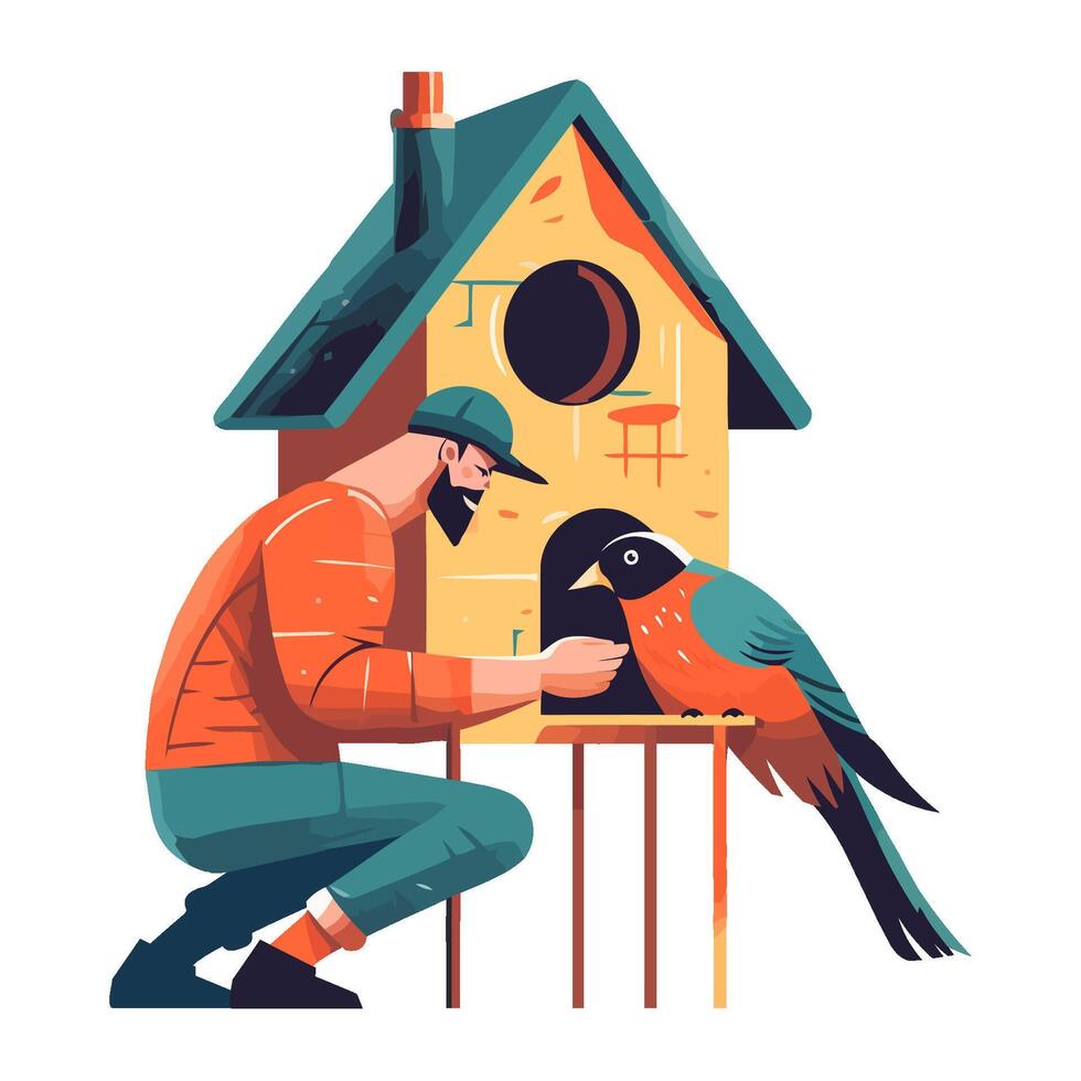 A man is feeding a bird in a birdhouse vector