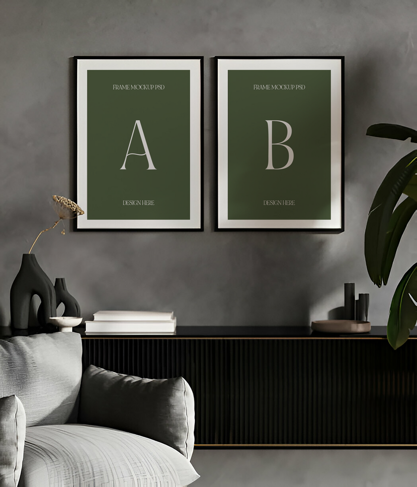 Two framed posters with the letters abc on a grey wall psd