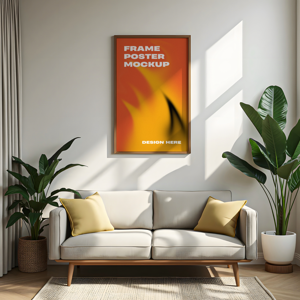 Mockup of a living room with a couch and a framed poster psd