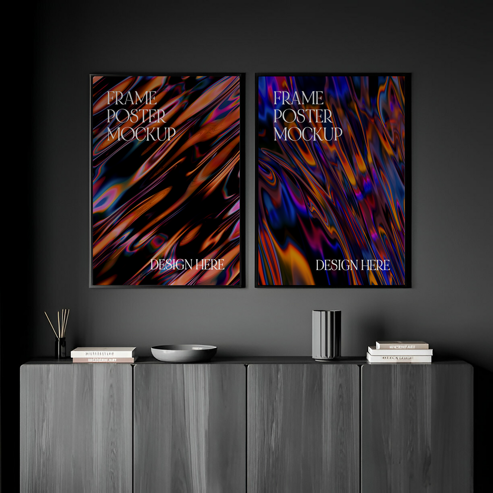 Two posters on a wall in a dark room psd