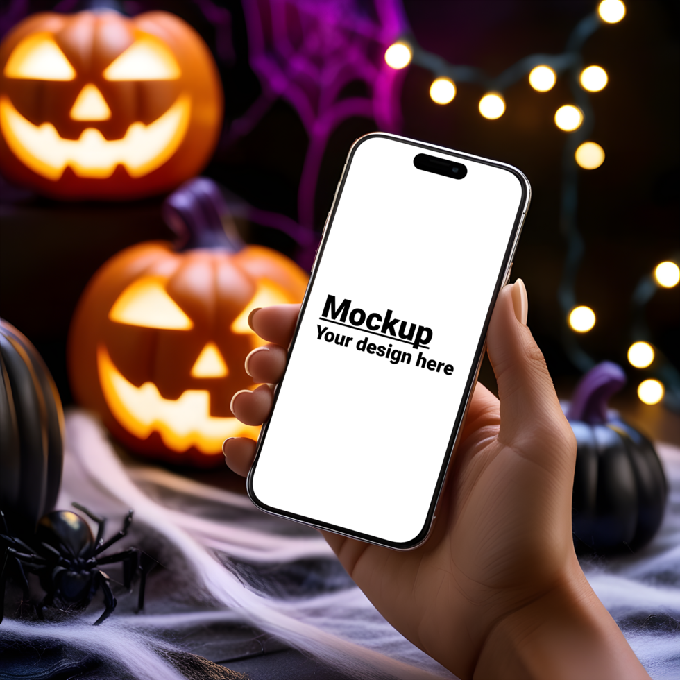 Woman holding a smartphone with halloween pumpkins background psd
