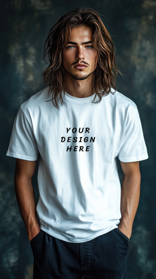 man with long hair wearing a white t - shirt mockup psd