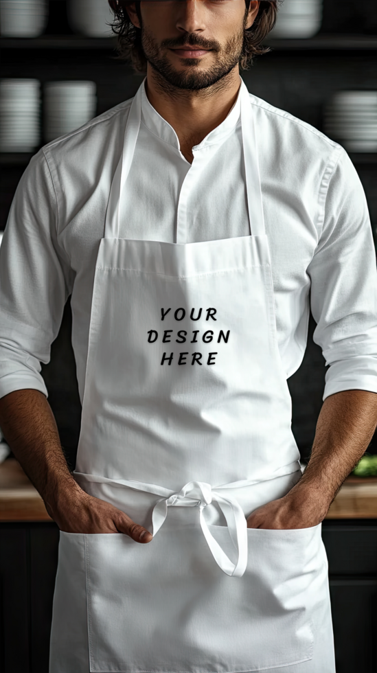 man in a white apron mockup putting his hands in the pocket psd