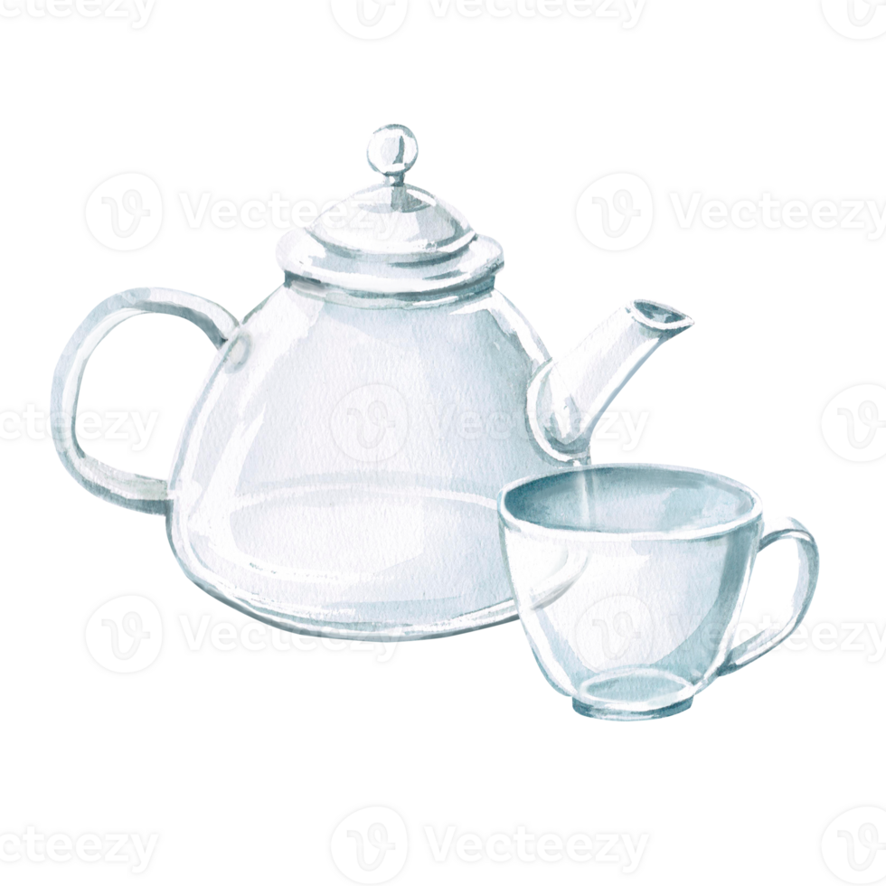 Glass tea set teapot and cups in watercolor. Isolated illustration for design of menu of restaurants, cafes, tea shops, cookbooks png