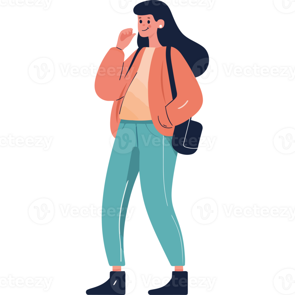 A woman talking on the phone, wearing a pink jacket and blue pants png